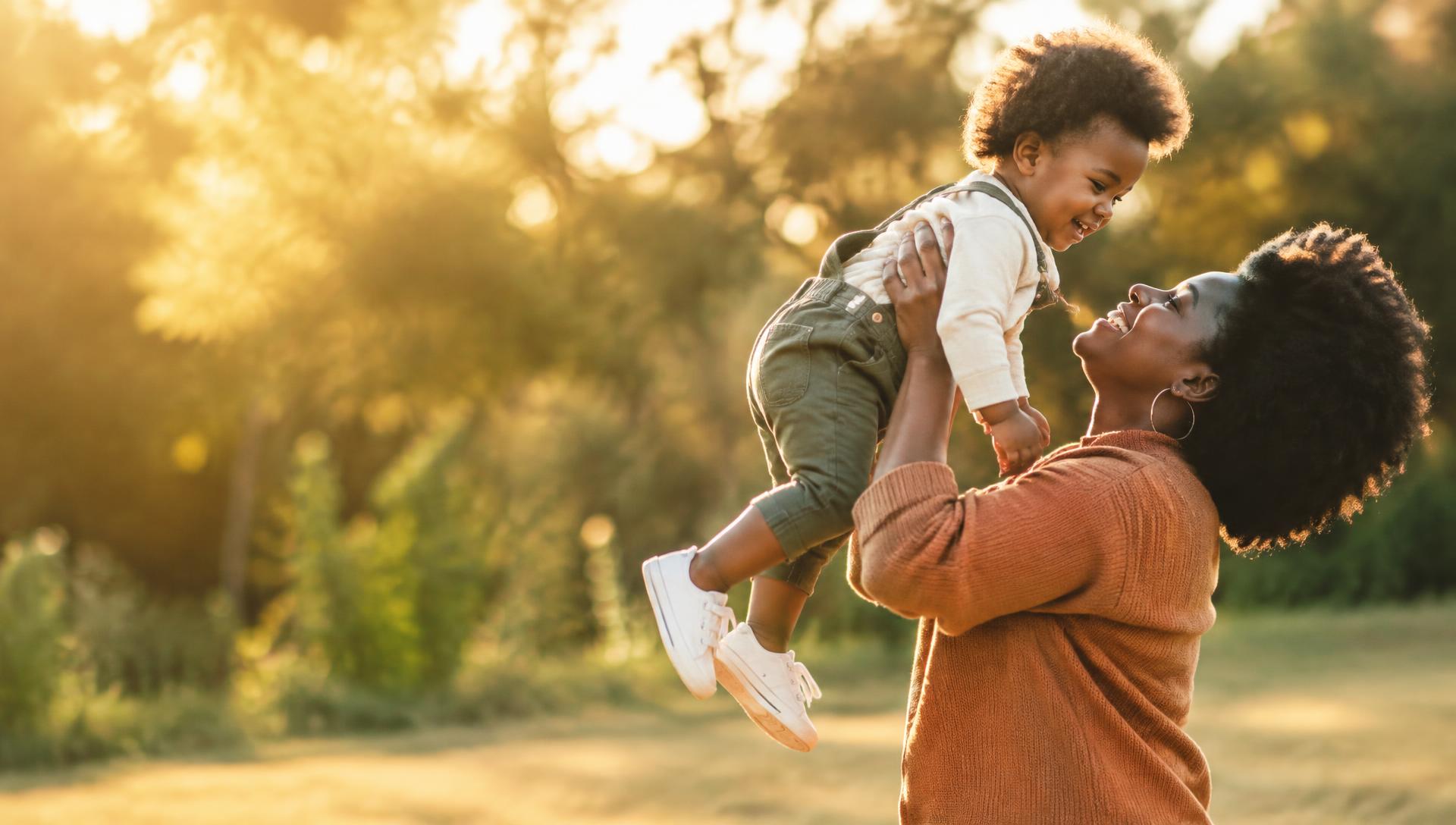 A mother lifting her smiling toddler in golden light
